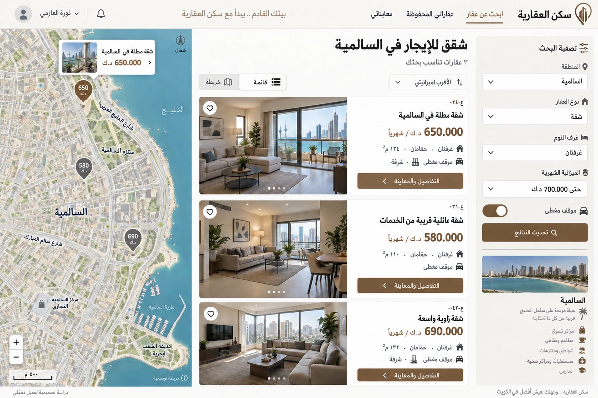 سكن العقارية — تصميم واجهة تخيّلية